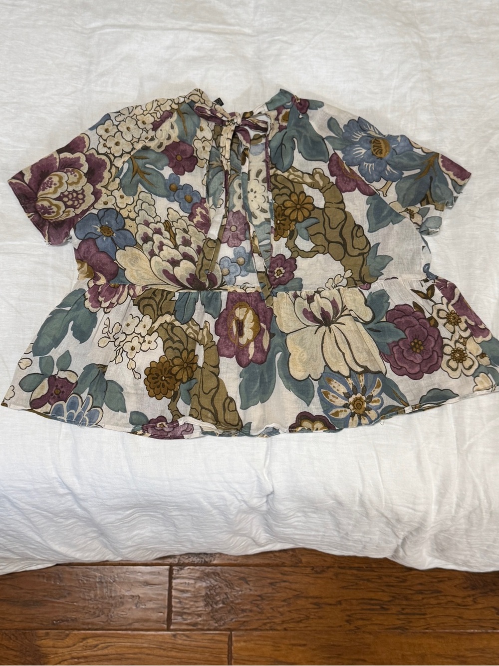 Zara Cropped Floral Tie-Strap Top in Cream, Blue, Olive & Plum - Picture 2 of 3